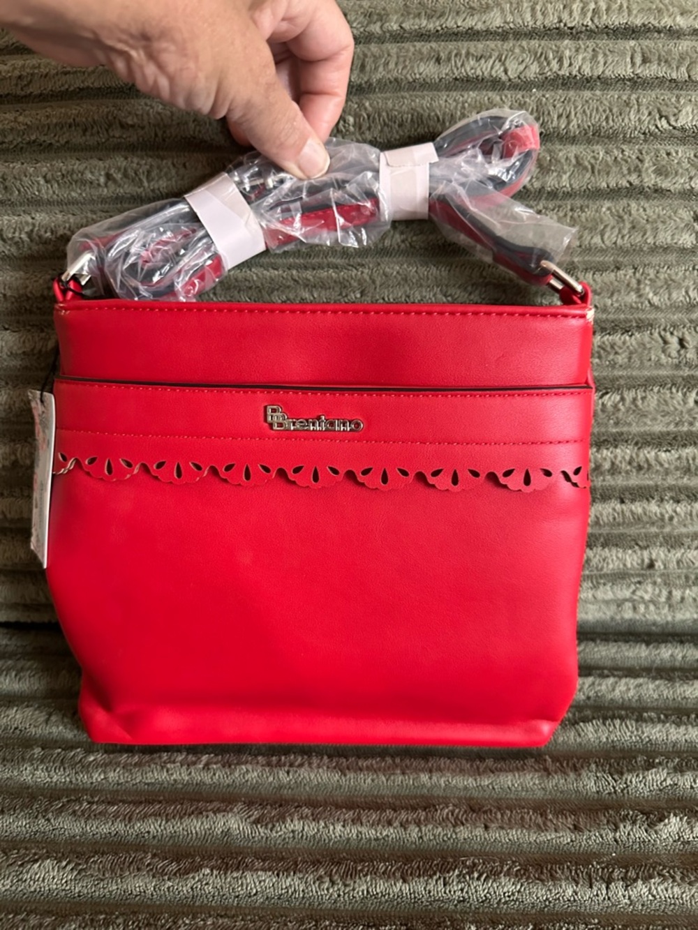 Brentano Vegan Leather Red Scalloped-Trim Shoulder Bag